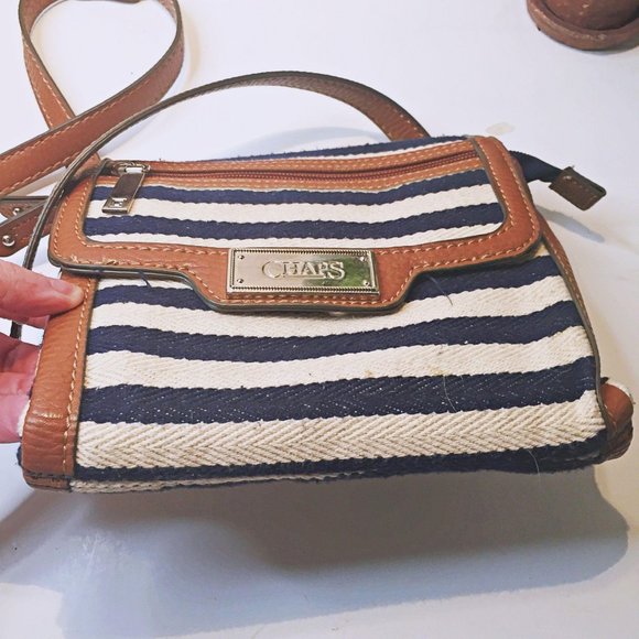 CHAPS Navy and White Striped Crossbody Leather - Picture 2 of 11